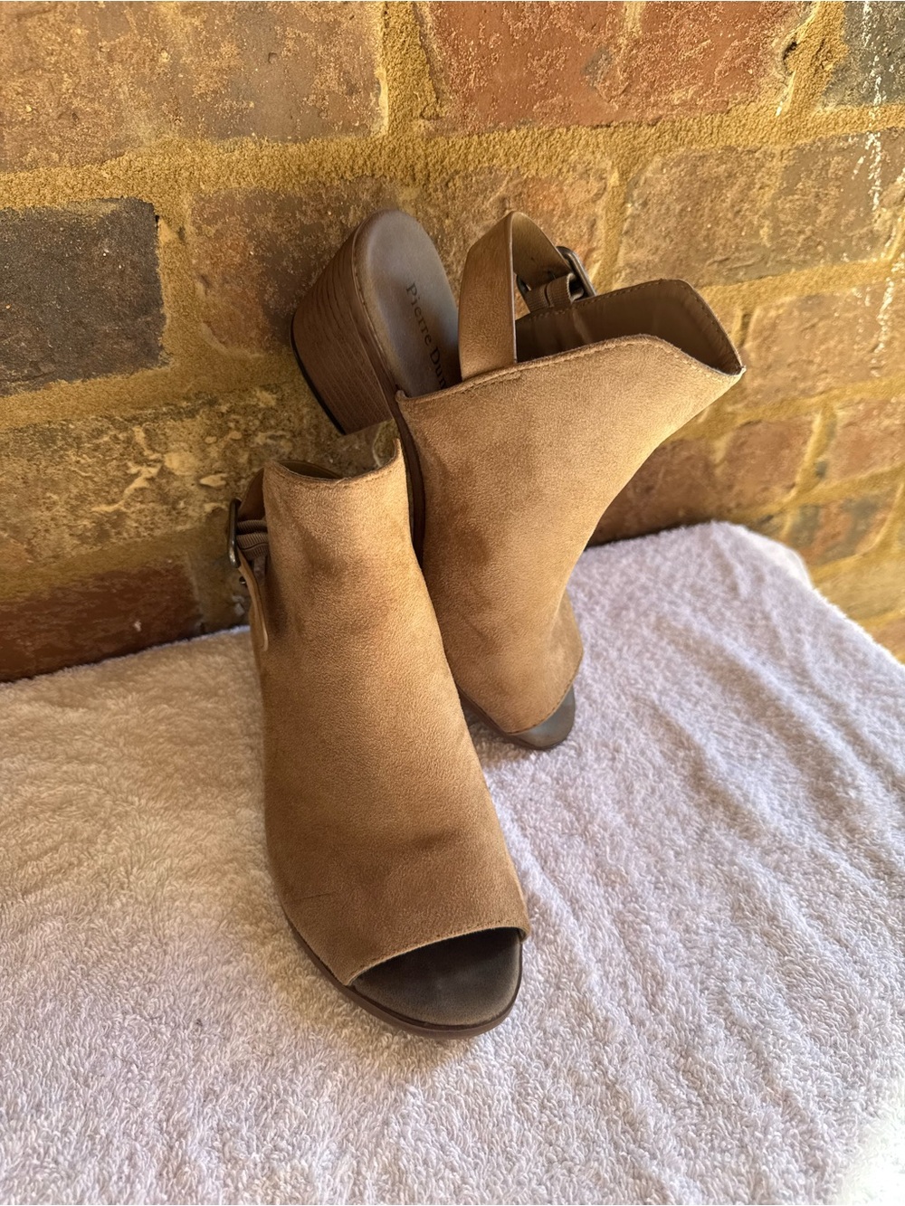 Tan Suede Open-Toe Slingback Mules